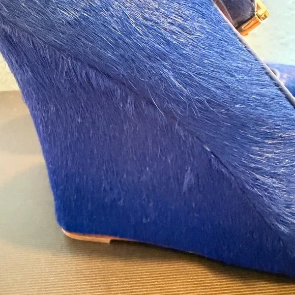 Ann Taylor Platform Wedge Heels Blue Haircalf Leather Ankle Strap Buckle 7M - Picture 8 of 10